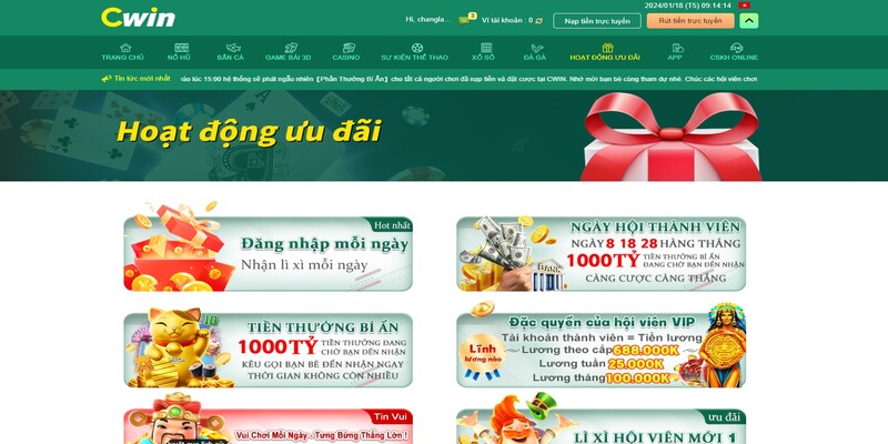 Tổng quan về các hoạt động ưu đãi Cwin999